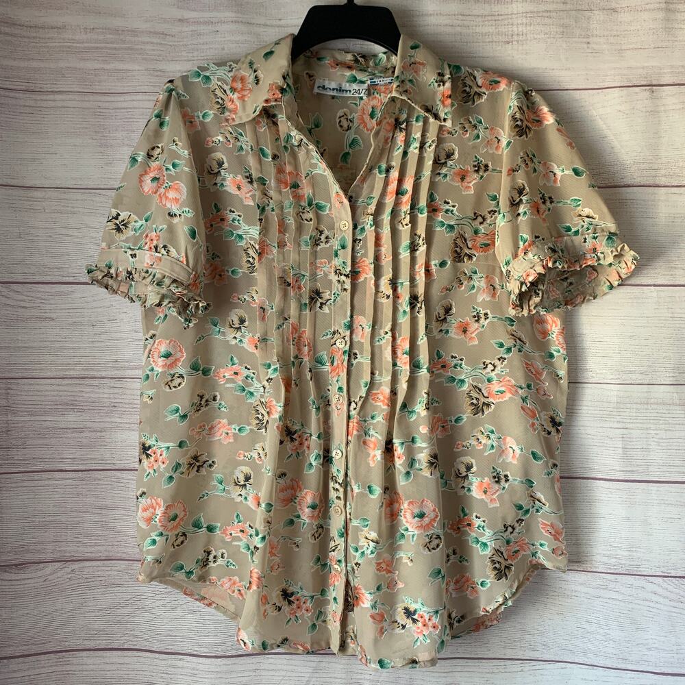 Vintage Denim 24/7 Floral Pleated Button Up Blouse Sheer Tan Peach Size 12W